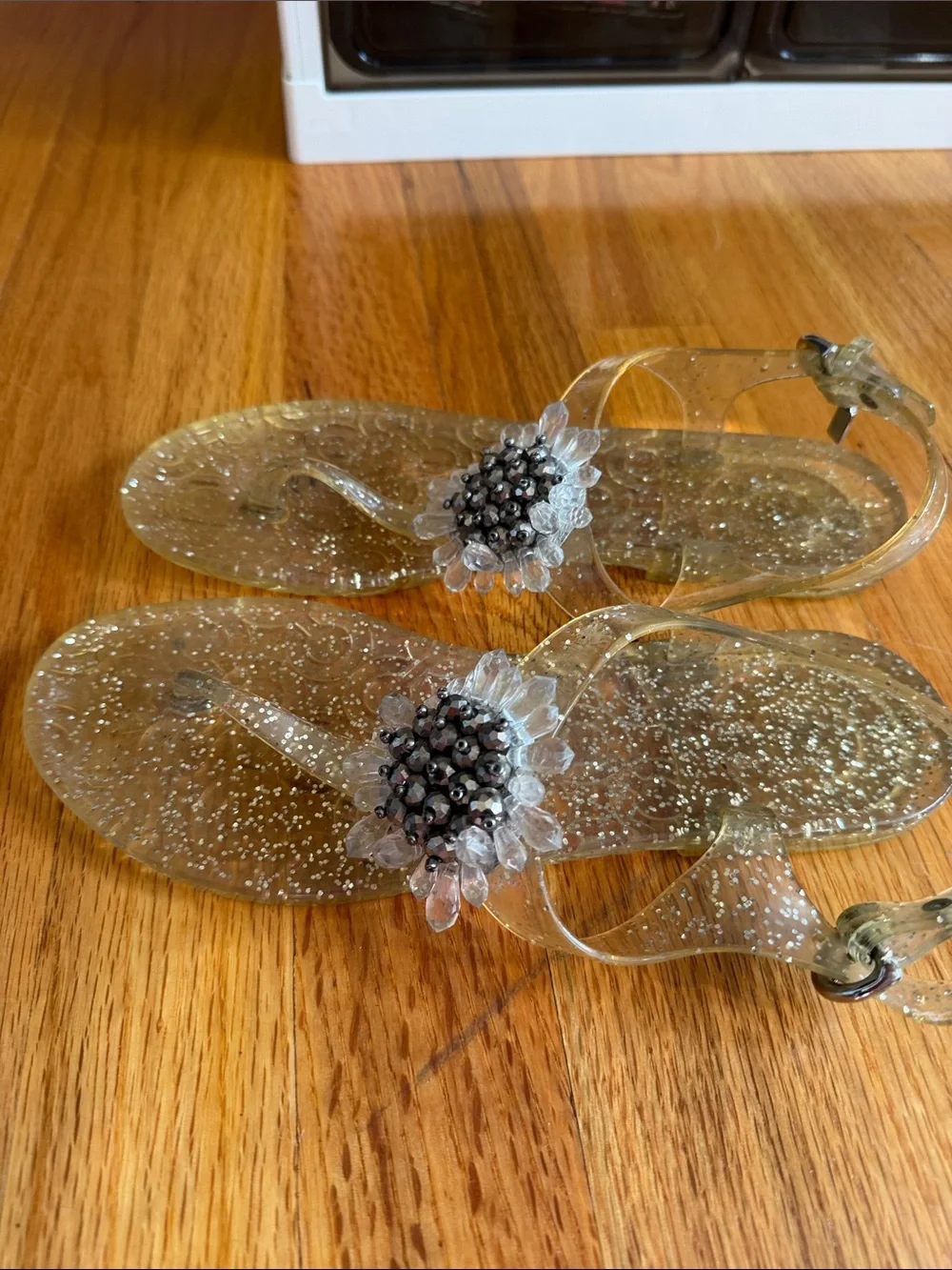 Coach Glitter Jelly Thong Sandals Jeweled Flower Clear Size 6.5